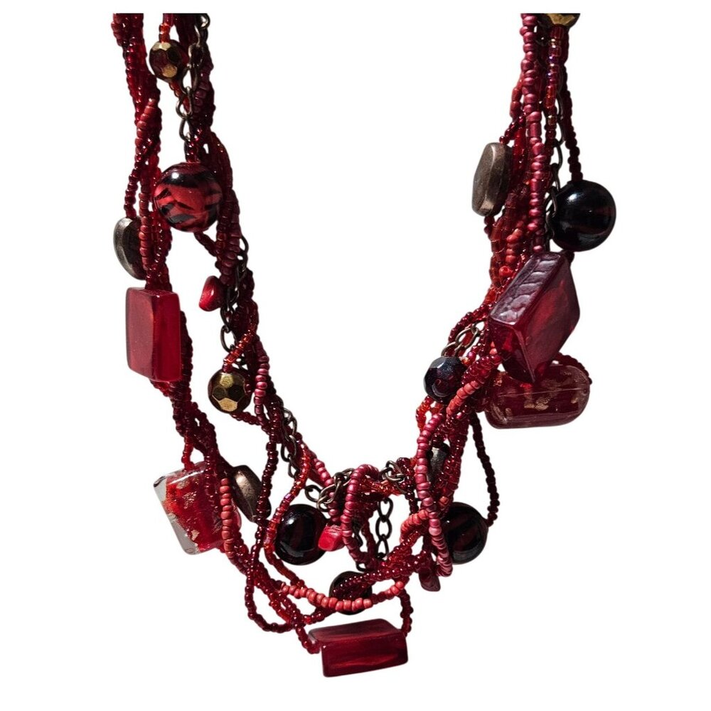 Vintage Red Beaded Necklace Geometric Round Beads Retro Fashion Jewelry Women